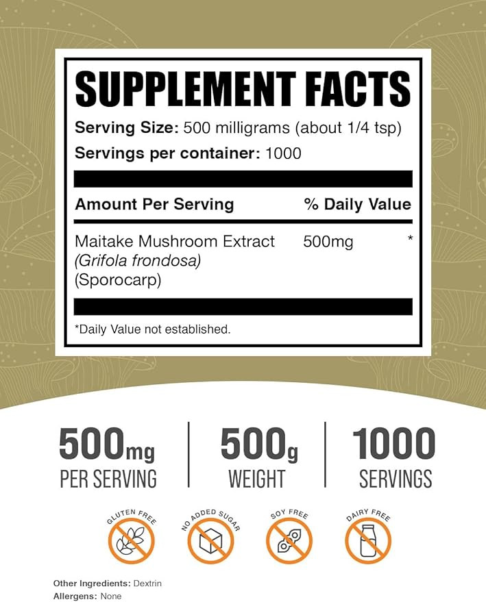 BulkSupplements.com Maitake Mushroom Extract Powder - Superfood Supplement, Maitake Mushroom Supplement - Gluten Free, 500mg per Serving, 500g (1.1 lbs) (Pack of 1)