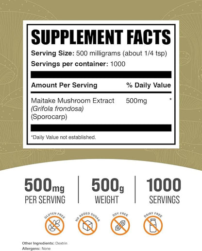 BulkSupplements.com Maitake Mushroom Extract Powder - Superfood Supplement, Maitake Mushroom Supplement - Gluten Free, 500mg per Serving, 500g (1.1 lbs) (Pack of 1)