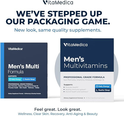 VitaMedica Men’s Multivitamin with Prostate Health Support | Vitamins, Minerals, Omega3s and Saw Palmetto | Box of 30 Easy Daily Packs | Supports Natural Energy and Sleep | Muscle, Joint Health