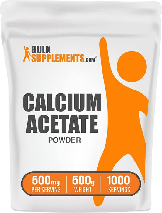 BulkSupplements.com Calcium Acetate Powder - Calcium Supplement - Food Grade & Gluten Free, 500mg (125mg Calcium) per Serving, 500g (1.1 lbs) (Pack of 1)
