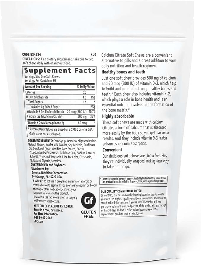 GNC Calcium Citrate 500mg Soft Chews | Highly Absorbable Form of Calcium | Berries & Cream | 30 Count