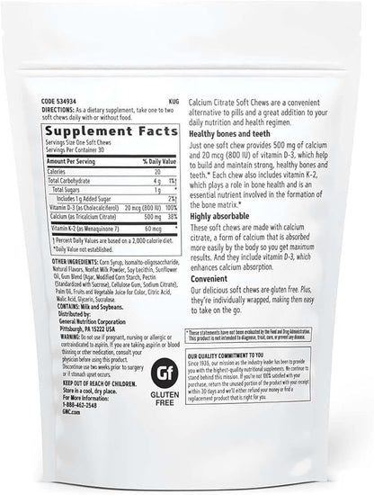 GNC Calcium Citrate 500mg Soft Chews | Highly Absorbable Form of Calcium | Berries & Cream | 30 Count