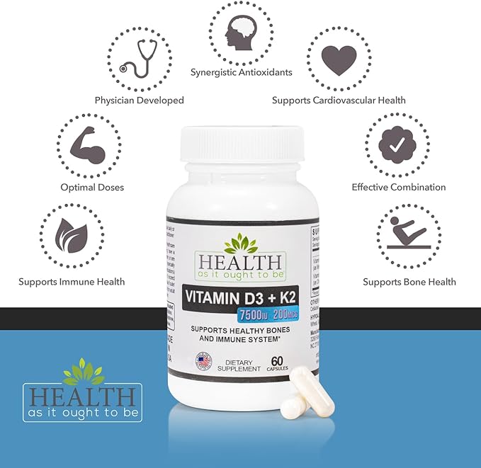 Health As It Ought To Be Vitamin D3+K2 Supplement | Supports Healthy Bones and Immune Health | 60 Capsules