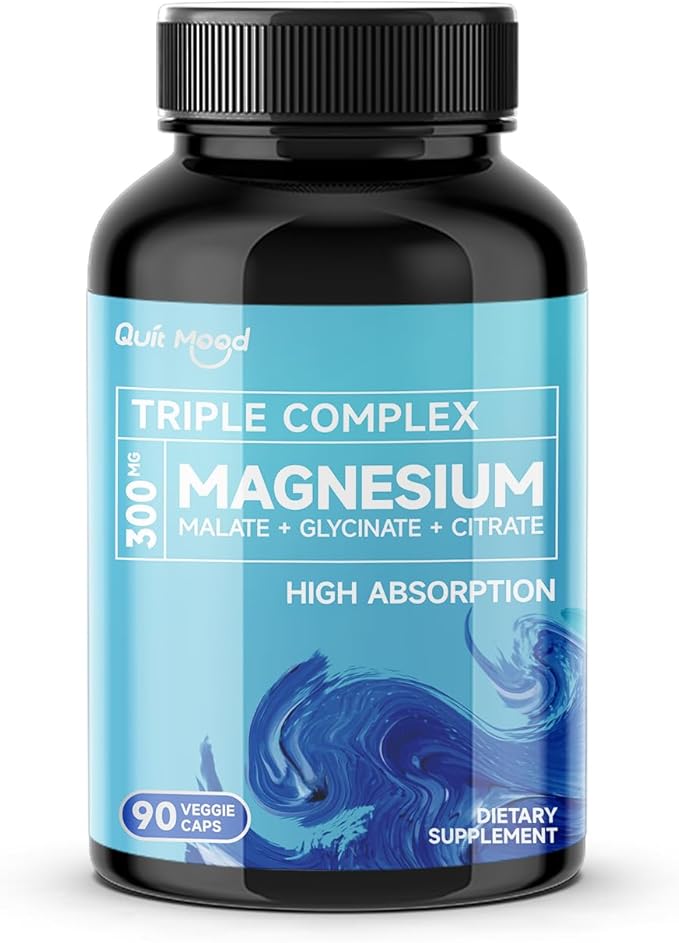 Quitmood Triple Magnesium Complex | 300mg of Magnesium Glycinate, Malate, & Citrate for Muscles, Nerves, & Energy | High Absorption | Vegan, Non-GMO | 90 Capsules