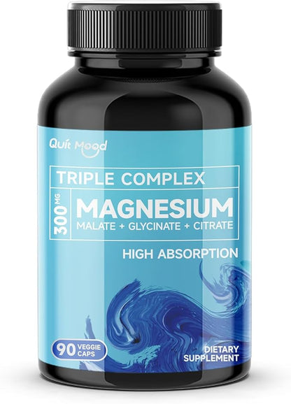 Quitmood Triple Magnesium Complex | 300mg of Magnesium Glycinate, Malate, & Citrate for Muscles, Nerves, & Energy | High Absorption | Vegan, Non-GMO | 90 Capsules