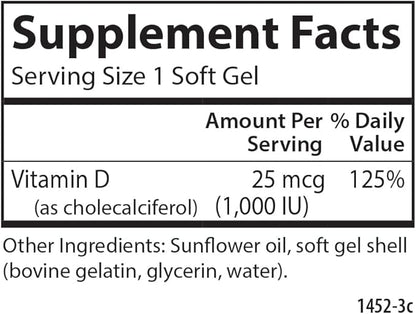 Carlson - Vitamin D3, 1000 IU (25 mcg), Bone Health, Muscle Health, Cholecalciferol, Vitamin D Supplements, Vitamin D3 Soft Gels, 250 Softgels
