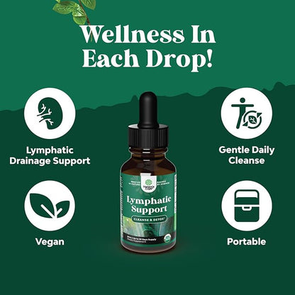 Certified Organic Lymphatic Drainage Drops - Herbal Lymphatic Cleanse and Immune Support Supplement with Echinacea Goldenseal & Red Clover Extract - Vegan Non GMO Alcohol and Sugar Free - 60 Servings