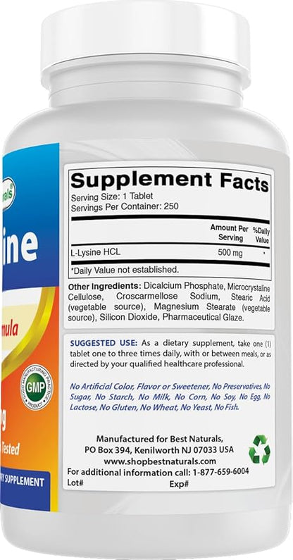 Best Naturals L-Lysine 500 mg 250 Tablets