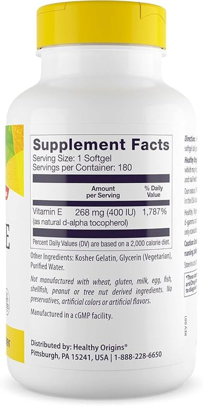 Healthy Origins Vitamin E 400 IU (Natural, Non-GMO, Gluten Free, Skin Support, Cardiovascular Support), 180 Softgels