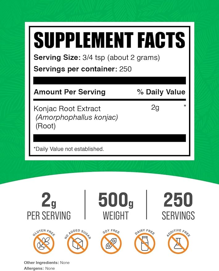 BulkSupplements.com Glucomannan Powder - from Konjac Root Extract Powder, Glucomannan Supplements - Gluten Free, 2g per Serving, 500g (1.1 lbs) (Pack of 1)
