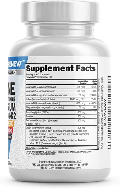 Clean Nutra Methylated Multivitamin for Women Men TMG Taurine Supplement + B6 Vitamins, B12, D3 K2, Magnesium Methylfolate Milk Thistle Omega 3 Turmeric NAC L Carnitine Creatine COQ10 B Complex Caps