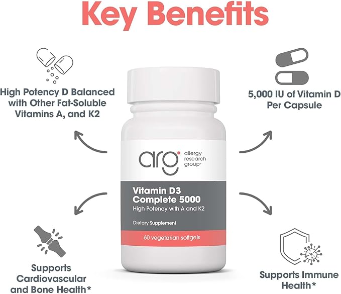 Allergy Research Group Vitamin D3 Complete 5000 IU - Vitamin D3 and K2 Supplement, Daily Balance, with Vitamin A, DeltaGold Tocotrienols, High Potency, Veggie Softgels - 60 Count