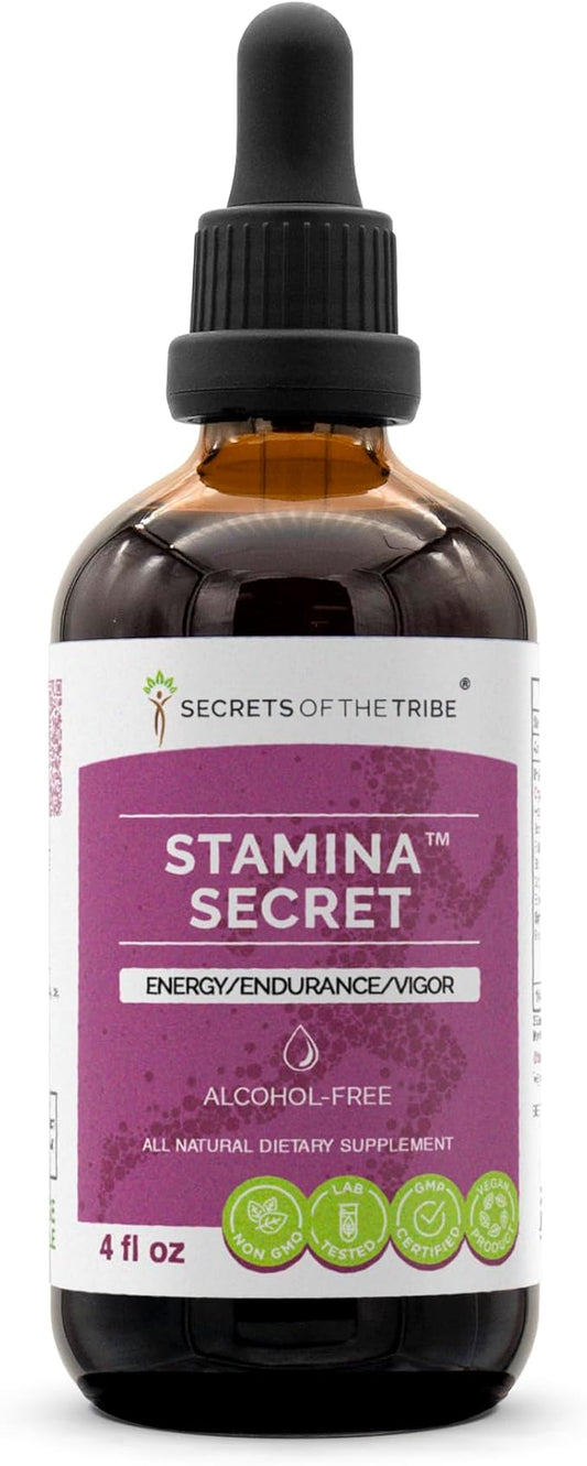 Stamina Secret Alcohol-Free Extract, Tincture, Glycerite Maca, Schisandra, Eleuthero Siberian Ginseng, Gotu Kola, Barrenwort - Horny Goat Weed, Rhodiola. Energy Endurance Vigor (4 fl oz)