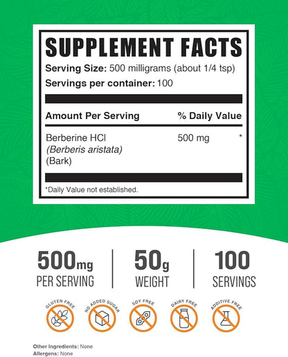 BulkSupplements.com Berberine HCl Powder - Berberine Supplement, Berberine 500mg, Berberine Powder - Gluten Free, 500mg per Serving, 50g (1.8 oz) (Pack of 1)