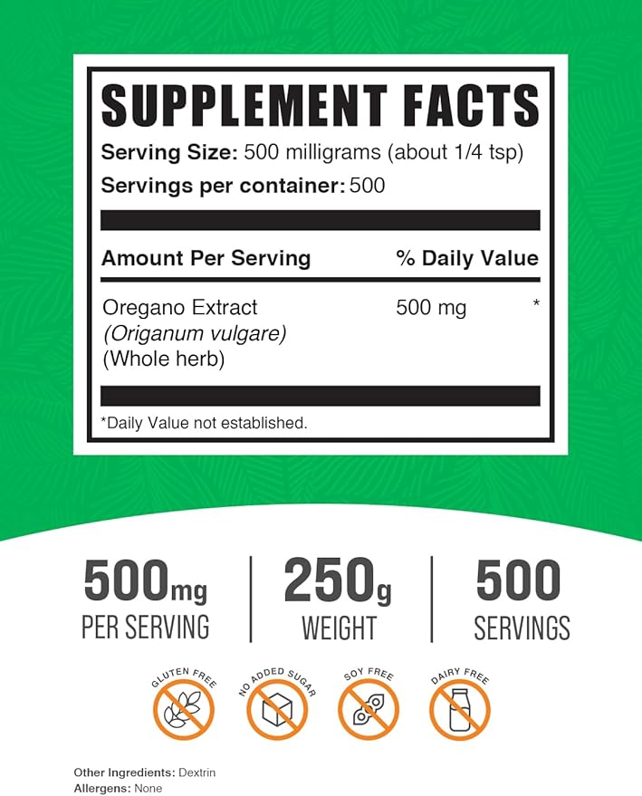 BulkSupplements.com Oregano Extract Powder - Oregano Supplement, Herbal Extract Supplement, from Oregano Herb - Gluten Free, 500mg per Serving, 250g (8.8 oz) (Pack of 1)