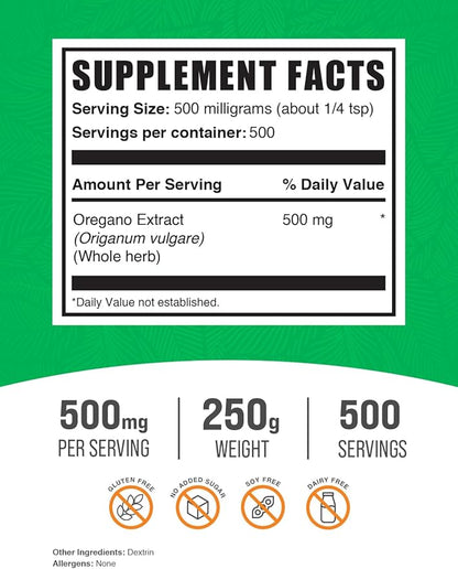 BulkSupplements.com Oregano Extract Powder - Oregano Supplement, Herbal Extract Supplement, from Oregano Herb - Gluten Free, 500mg per Serving, 250g (8.8 oz) (Pack of 1)