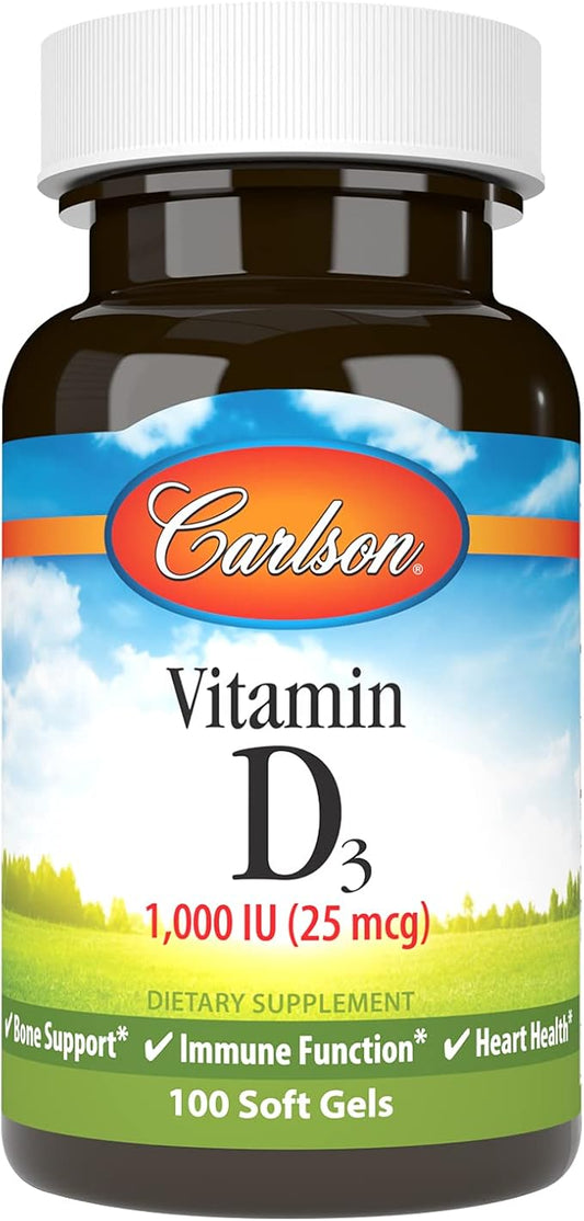 Carlson - Vitamin D3, 1000 IU (25 mcg), Bone Health, Muscle Health, Cholecalciferol, Vitamin D Supplements, Vitamin D3 Soft Gels, 100 Softgels