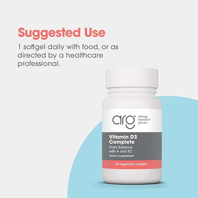 Allergy Research Group Vitamin D3 Complete - Vitamin D3 and K2 Supplement, Daily Balance, with Vitamin A, DeltaGold Tocotrienols, High Potency, Veggie Softgels - 60 Count