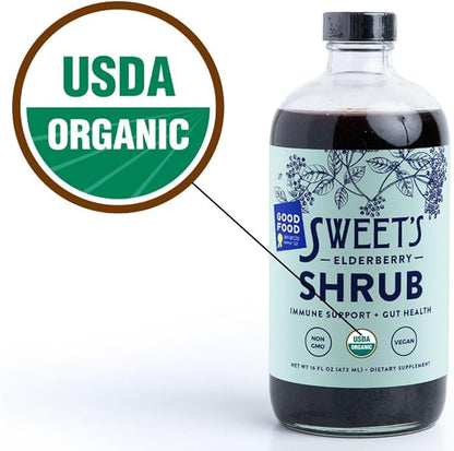 Sweet's Elderberry Organic Shrub | USDA Organic | Digestive & Immune Support | Versatile Drinking Vinegar | Mocktail Mixer | 16 oz Recyclable Bottle