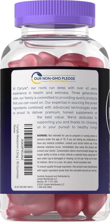 Carlyle Melatonin 2.5 mg Gummies | 90 Count | Berry Flavor Gummy Supplement | Vegan, Non-GMO, Gluten Free