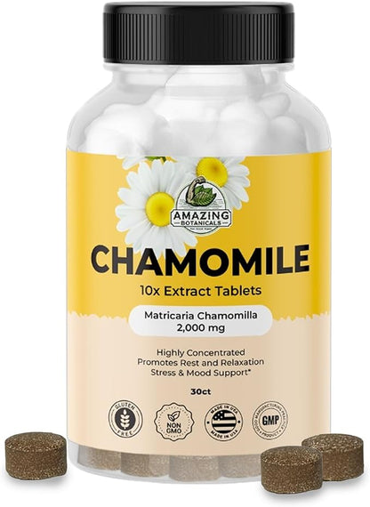 Organic Chamomile Extract Tablets - Matricaria Chamomilla Plant-Based Supplement - 10x Extract 2000 MG Each - Promotes Relaxation - 30 Tablets