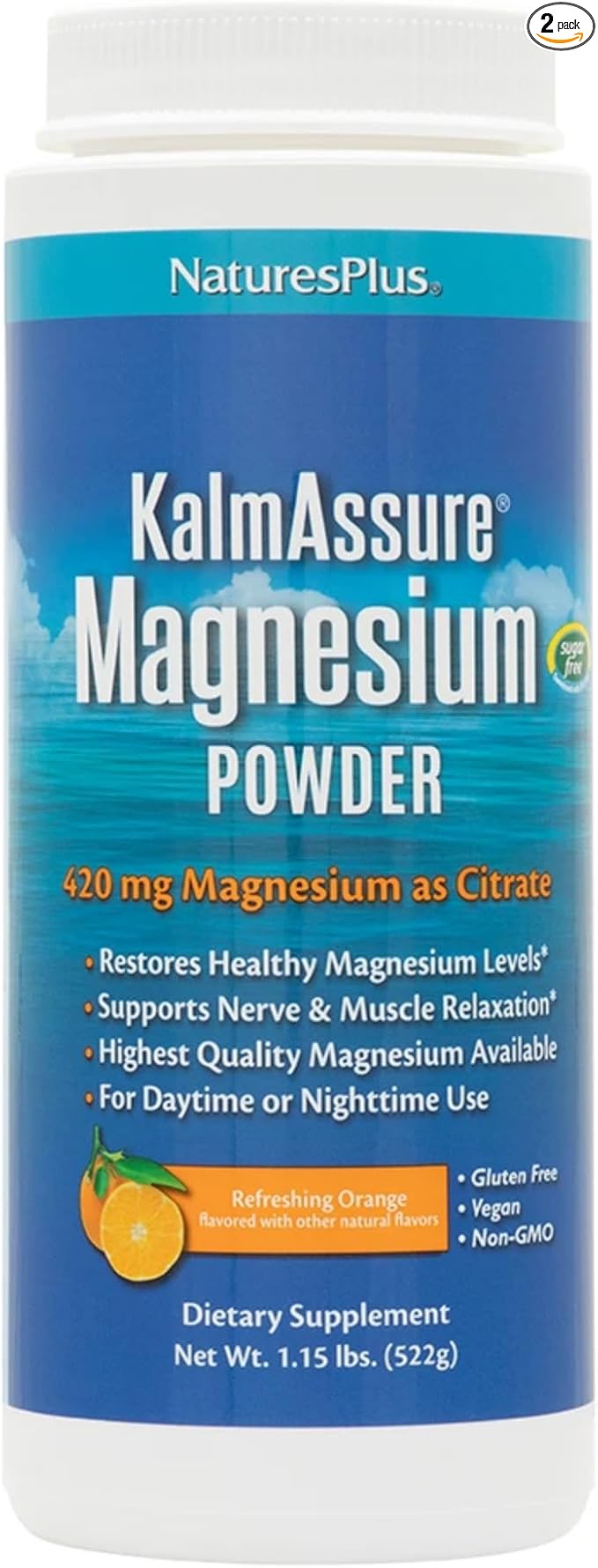 NaturesPlus KalmAssure Magnesium Powder - 1.15 lb, Pack of 2 - Orange Flavor - Supports Nerve and Muscle Relaxation - Non-GMO, Gluten Free, Vegan - 120 Total Servings