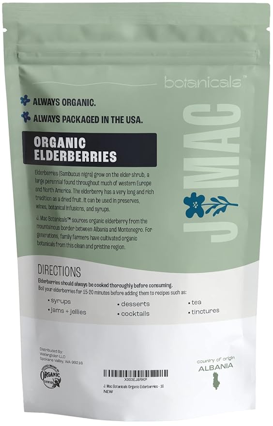 J Mac Botanicals, Organic Dried Elderberry (16 oz) USDA Certified, packaged in USA, whole bulk elder berries for syrup, tea infusions, gummies, Elder Berry
