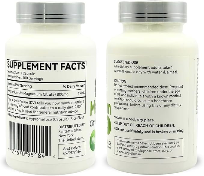 Magnesium Citrate Capsules- Dietary Supplement to Support Bone Health, Muscle Function and Relaxation, High Absorption Magnesium Supplement - GMO, Soy and Gluten Free- 100 Count, 800mg
