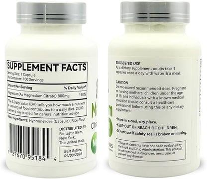 Magnesium Citrate Capsules- Dietary Supplement to Support Bone Health, Muscle Function and Relaxation, High Absorption Magnesium Supplement - GMO, Soy and Gluten Free- 100 Count, 800mg