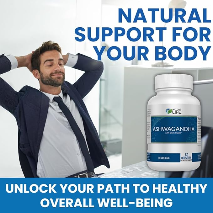 Well of Life: Organic Ashwagandha 650mg + Black Extract 60 Veg Capsules: Enhanced Sleep & Well-Being. Adrenal Health Support. Non-GMO, GMP Certified. Made in USA.