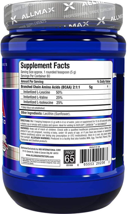 ALLMAX Nutrition BCAA 2:1:1 Powder, Amino Acid Supplement for Muscle Recovery, Unflavored, 400 Gram (Pack of 1)