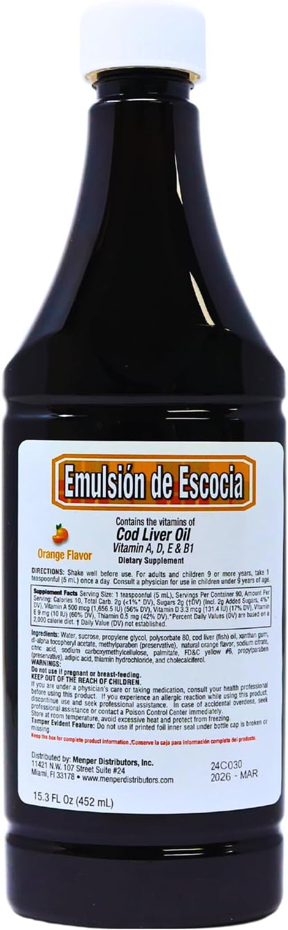 EMULSION DE ESCOCIA Cod Liver Oil, Dietary Supplement, Vitamins A, B1, D and E, Immune System Support, Orange Flavor (15.3 Fl Oz/Pack of 1)