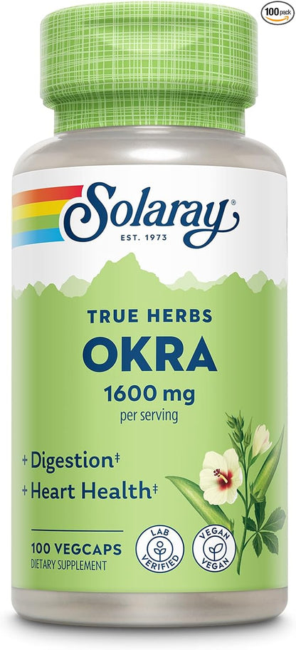 SOLARAY Okra Fruit 1600 mg - High Fiber Supplement for Wellness Support - Rich Source of Soluble Fiber - Equivalent of 6.4 g Fresh Okra per Serving, Vegan, 60-Day Guarantee - 25 Servings, 100 VegCaps