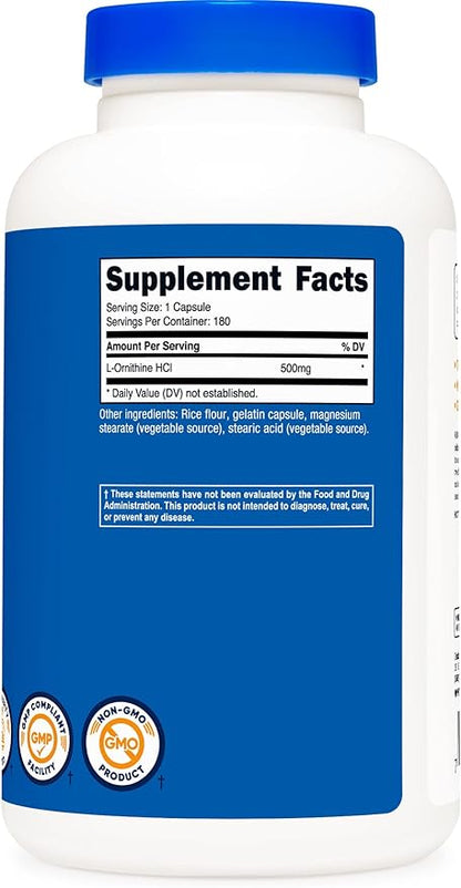 Nutricost L-Ornithine 500mg; 180 Capsules (2 Bottles)