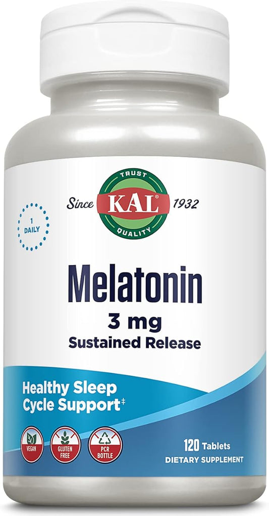 KAL Melatonin 3mg Sustained Release Sleep Aid, Melatonin Supplement Supports Healthy Relaxation, a Calm Feeling and a Proper Sleep Cycle, w/Added Vitamin B6, Vegan, Gluten Free, 120 Serv, 120 Tablets
