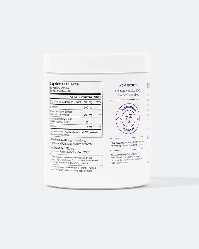 TB12 Sleep - Sleep Supplement with Magnesium, L-Theanine, Chamomile, GABA, and Melatonin to Fall Asleep Faster, Promote Relaxation, and Improve Sleep Quality. Stress and Mood Nightly Support