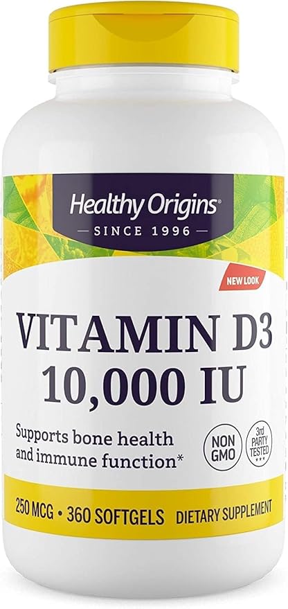 Healthy Origins Vitamin D3 (Lanolin) 10,000 IU Softgel - Bone Health and Immune Support Supplement - Easily Absorbable Vitamin D Supplements - Gluten-Free Vitamin D3 Supplement - 360 Softgels