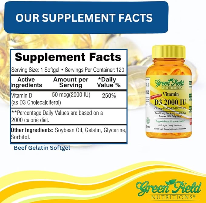 Greenfield Nutritions Halal Vitamin D3 2000 IU Softgel - 50 mcg High Potency D3, 120 Unflavored Mini Softgels - Halal Vitamins D with Halal Beef Gelatin, Supports Immune Bone Teeth Brain and Hair