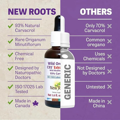 New Roots | Wild Oregano Oil Extra Strong | 93% Carvacrol Oregano Oil Liquid Drops (1 fl oz) | Highest Concentration of Carvacrol |Alcohol Free, Non GMO, Vegan, Gluten Free