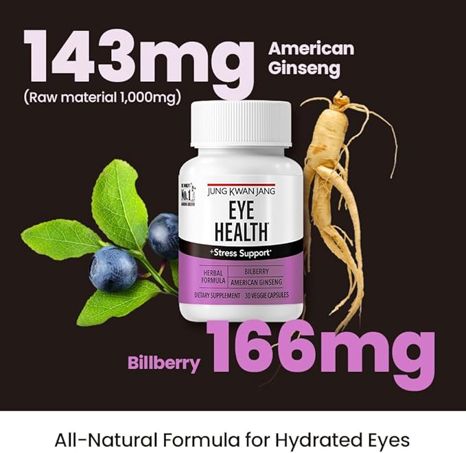 JungKwanJang Eye Health Support with Bilberry (166mg) and American Ginseng (143mg) for Vision Care, Reduced Eye Strain, Cognitive Support, 30 Capsules for Men and Women