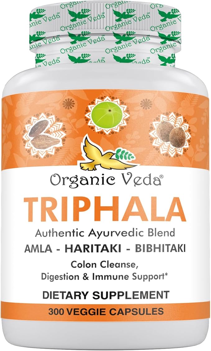 Organic Veda Triphala Powder 300 Capsules, 1000mg - Organic Triphala Supplement for Colon Cleanse, Immune, Gut & Digestion Health - Whole Green Antioxidants Amla, Haritaki & Bibhitaki - Vegan Pills