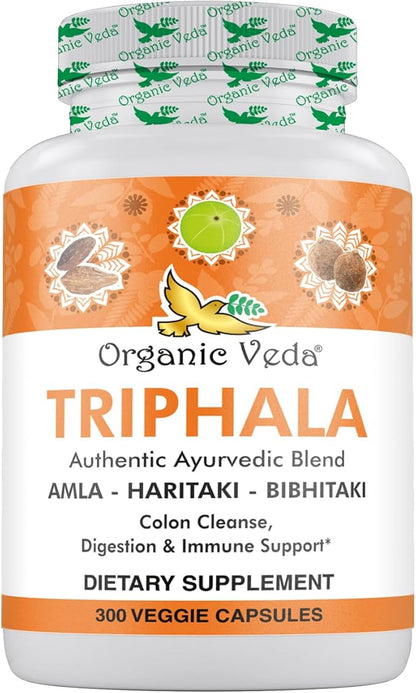 Organic Veda Triphala Powder 300 Capsules, 1000mg - Organic Triphala Supplement for Colon Cleanse, Immune, Gut & Digestion Health - Whole Green Antioxidants Amla, Haritaki & Bibhitaki - Vegan Pills