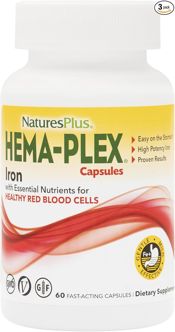 NaturesPlus Hema-Plex Iron - 60 Fast-Acting Capsules - 3 Pack - 85 mg Chelated Iron + Vitamin C & Bioflavonoids for Healthy Red Blood Cells - Vegan, Gluten Free - 90 Total Servings
