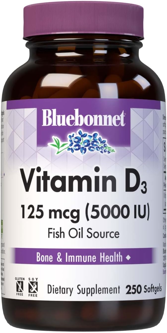 Bluebonnet Nutrition Vitamin D3 5000 IU Softgels, Aids in Muscle and Skeletal Growth, Cholecalciferol from Fish Oil, Non GMO, Gluten Free, Soy Free, Dairy Free, Yellow, 250 Softgels