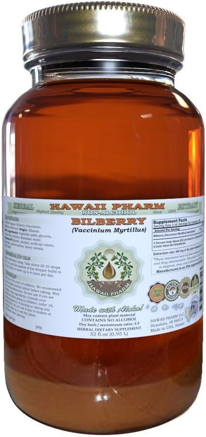 Bilberry Alcohol-Free Liquid Extract, Organic Bilberry (Vaccinium myrtillus) Dried Leaf Glycerite Hawaii Pharm Natural Herbal Supplement 32 oz Unfiltered