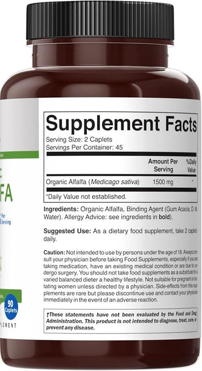 Brieofood Organic Alfalfa 1500mg, 45 Servings, Vegetarian, Gluten Free, 90 Vegetarian Tablets