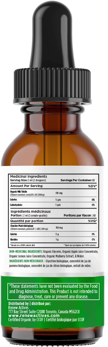 Renew Actives Milk Thistle Liquid Extract 110MG per 2ML – Liver Support Drops for Optimal Health – No Alcohol, Non-GMO, Vegan – Supports Liver Function & Digestive Health – Made in Canada – 4 fl oz