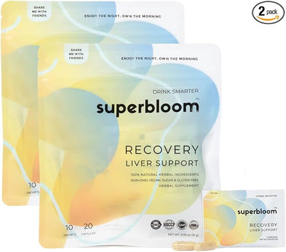 superbloom Recovery Liver Support - 2 Pack | Liver Detox with DHM, Turmeric, Milk Thistle | 10 Sachets, 20 Capsules | Enjoy The Night, Own The Morning