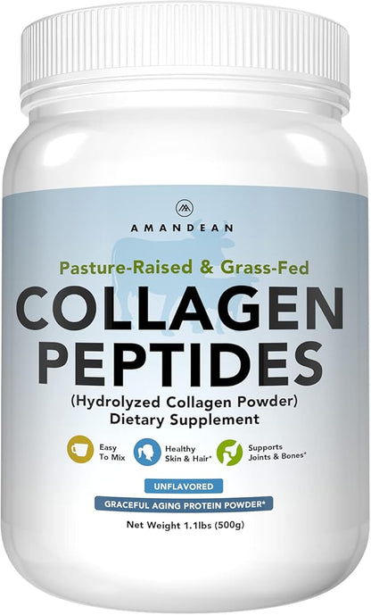 AMANDEAN Collagen Peptides Powder (17.6oz). Grass-Fed Hydrolyzed Protein Supplement. Promotes Healthy Joints, Skin, Hair, Nails. Unflavored & Easy to Mix.