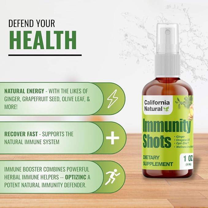 California Natural Immunity Shots 1oz Bottle, Organic Ginger Root, Oregano Oil - Potent & Pure Immune System Booster - Immune System Support & Wellness Shot (Pack of 1)